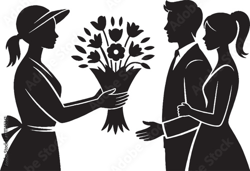 Flower seller giving bouquet to couple silhouette tulips