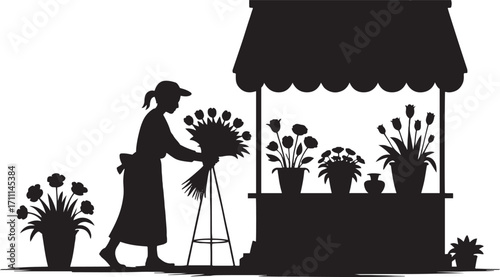 Flower vendor arranging bouquet at stall flower seller flowers
