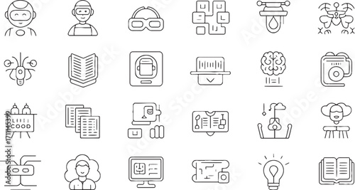 Futuristic education icons robots vr glasses brain computer learning avatar vr headset