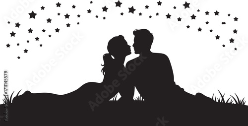 Romantic couple silhouette kissing under starry sky stars