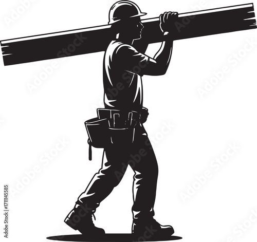 Silhouette construction worker carrying lumber on shoulder wood beam