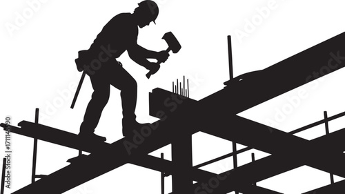 Silhouette construction worker hammering on scaffolding building