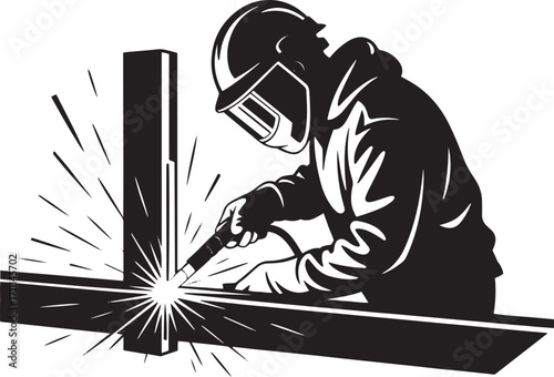 Welder working on metal beams sparks flying welding construction