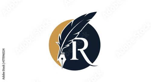 A feather pen rests on a circular logo with the letter R.