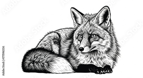 A detailed sketch of a fox lying down, with its bushy tail curled around its body, on a white background.