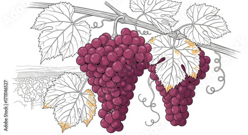 Clusters of ripe red grapes hang from a vine, ready for harvest in a vineyard.