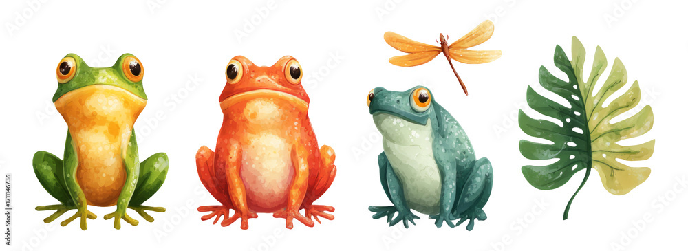 Obraz premium Colorful Frogs and Dragonfly with Tropical Leaf on Transparent Background