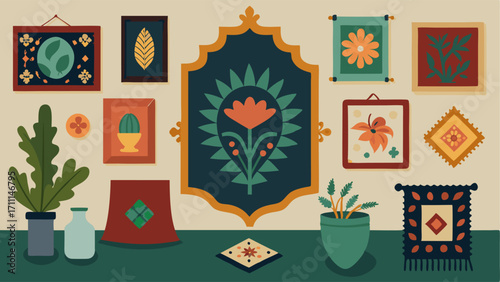 A handpainted tapestry adorns the wall with a mix of vintage frames and modern prints hanging around it.
