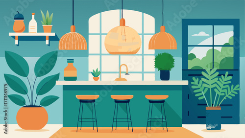 A kitchen with a tropical twist featuring a woven pendant light woven bar stools and potted herbs on the windowsill.