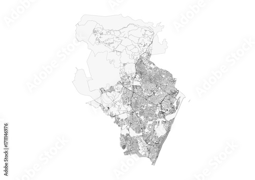 A minimalist black and white vector map of Recife’s highways and major urban road networks for clear design use.