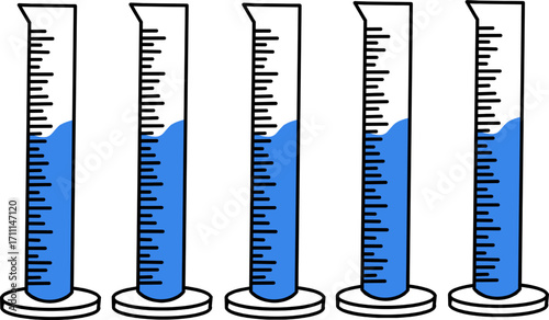 Illustration of Five Graduated Cylinders with Liquid Levels for Science