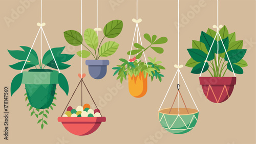A hanging macrame plant holder with a variety of hanging plants.