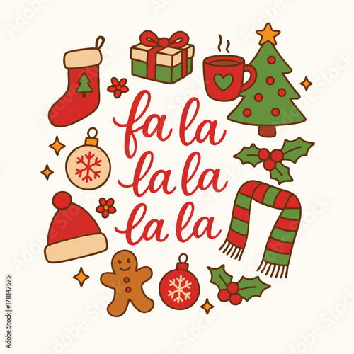 Christmas Carols Celebration Season Greeting Present Tree Xmas Vector Gingerbread Scarf Ornament Hat Stocking Cocoa Fun Holiday Illustration Print 