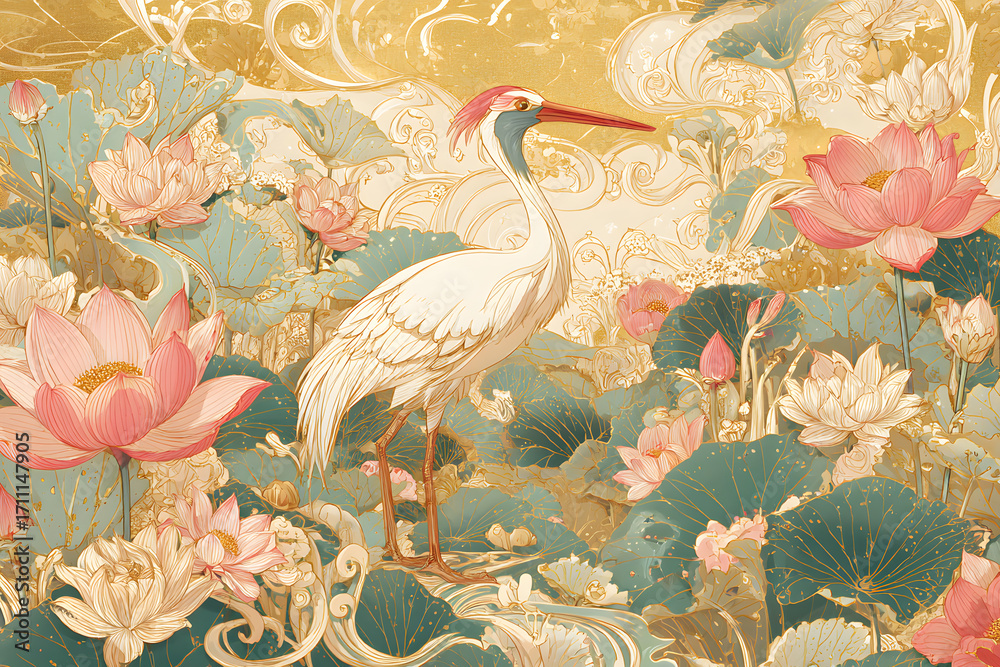 Naklejka premium 전통 회화 백로 일러스트 (화려한 배경)