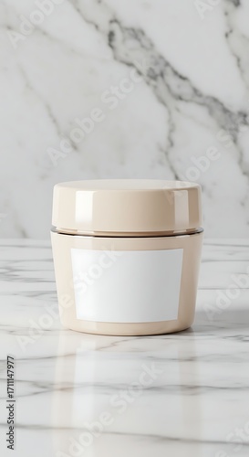 Elegant cream jar with blank label on marble surface ready for branding and product display