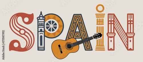 Spain Typography Illustration with Spanish Landmarks, Guitar, and Cultural Elements for Travel and Tourism Design