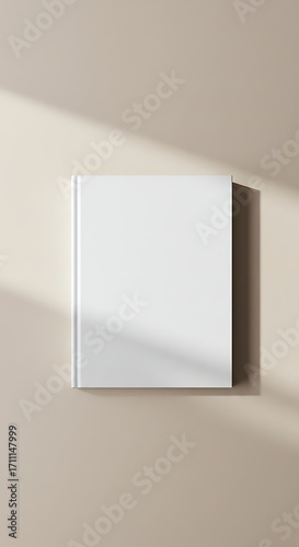 Minimalist white book cover mockup with soft natural light casting shadows, perfect for design projects.