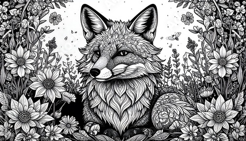 Fox surrounded by flowers in black and white.  Detailed illustration