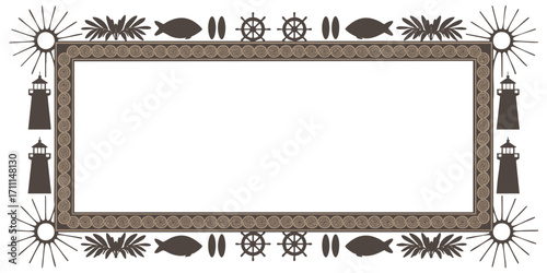 Nautical Vintage Frame Border With Lighthouses, Steering Wheels, Palm Leaves, Fish, Sun Symbols, Transparent Background, Vector Illustration
