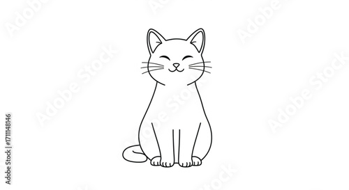 A simple black and white illustration of a happy cat sitting.