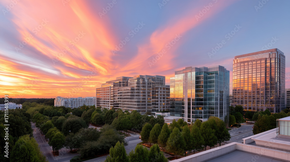 Fototapeta premium Modern corporate office towers reflect vibrant colors of sunset, surrounded by lush greenery and serene atmosphere. scene captures beauty of urban architecture against stunning sky