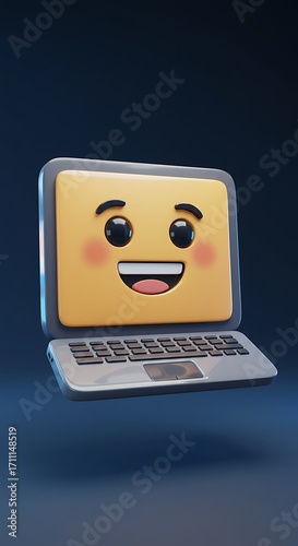 Joyful cartoon laptop character with happy face smiling broadly, perfect for tech and digital concepts.