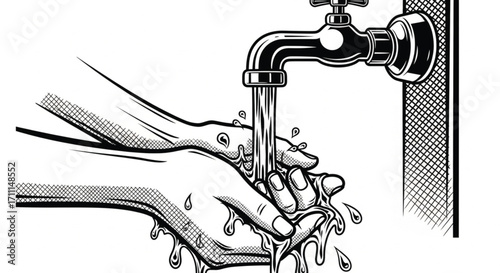 Person washing hands under running water from a faucet.