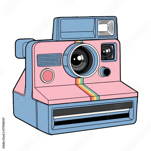 Retro pink and blue instant camera with rainbow stripe detail