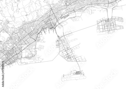 A detailed close-up vector map of Kobe's highway interchange and road network in black and white outline style.