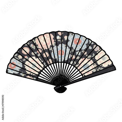 A black folding fan with a floral pattern pink, blue, and cream flowers, isolated on a transparent background