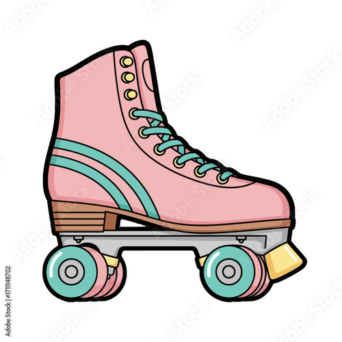 A pink roller skate with teal accents and white laces, isolated on a transparent background, representing retro fashion and outdoor activity