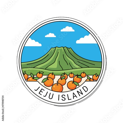Stylized illustration hallasan mountain on jeju island, surrounded by tangerines and clouds, within a circular frame