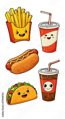 Joyful kawaii fast food characters with fries, hot dog, taco, and drinks bring fun