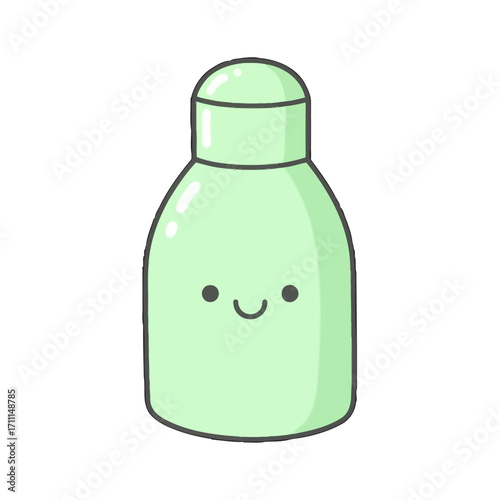 A cute, smiling green bottle, possibly containing lotion or soap, with a simple design, isolated on a transparent background