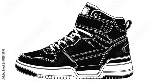 A black high-top sneaker with white laces and accents against a white background.
