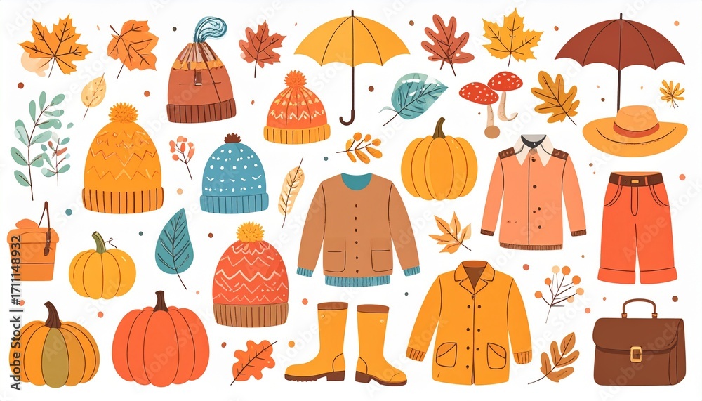 Fototapeta premium Autumn harvest and fall favorites elements set. Thanksgiving basket and cornucopia. 