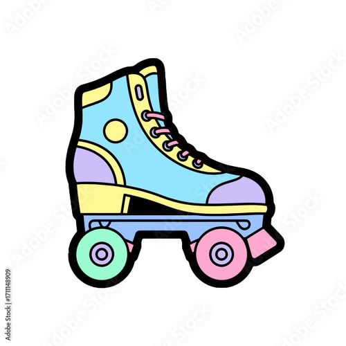 A vibrant, retrostyle roller skate with a pastel color palette, featuring laces, wheels, and a distinct outline, isolated on a transparent background