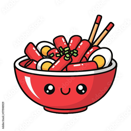 A charming kawaii cartoon illustration a red bowl filled with tteokbokki, hardboiled eggs, and chopsticks