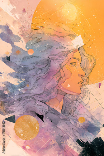 Close-up of a womans profile artistic style soft colors focused gaze abstract background.