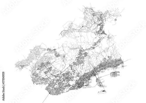 A minimalist black and white vector map of Kobe’s highways and major road networks for clear navigation and design.