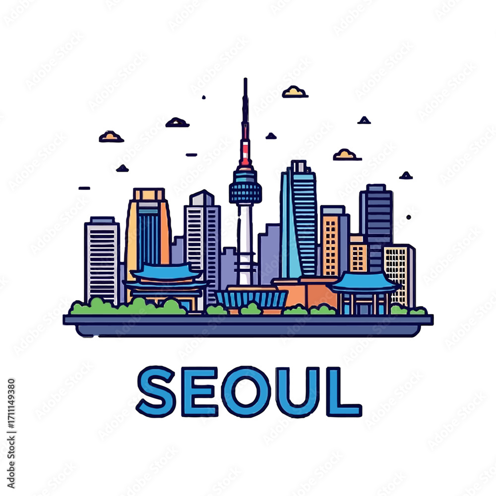 Obraz premium Stylized illustration the seoul skyline with iconic landmarks like n seoul tower and modern skyscrapers