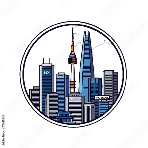 Stylized illustration the seoul skyline featuring iconic buildings like the 63 building, n seoul tower, and lotte world tower, enclosed within a circular frame, representing south koreas capital city