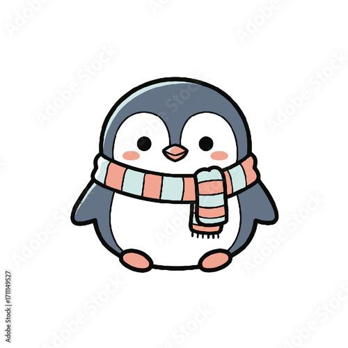 Cute cartoon penguin wearing a striped scarf