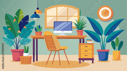 A home office with a woven rattan desk and chair accented with pops of colorful tropical plants.