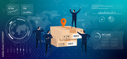 Futuristic digital dashboard for supply chain management businessmen and cardboard boxes over a world map represents global logistics delivery tracking warehouse management