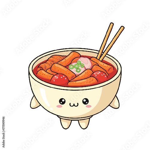 Cute cartoon bowl tteokbokki, a popular korean spicy rice cake dish, with chopsticks, featuring a kawaii face on the bowl, isolated on a transparent background