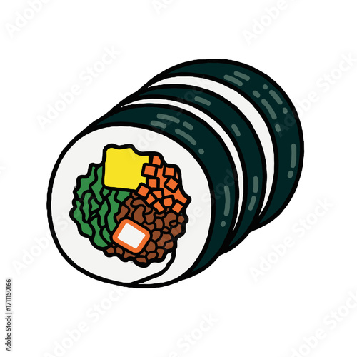 Closeup illustration a gimbap roll, a korean seaweed rice roll, cut into slices
