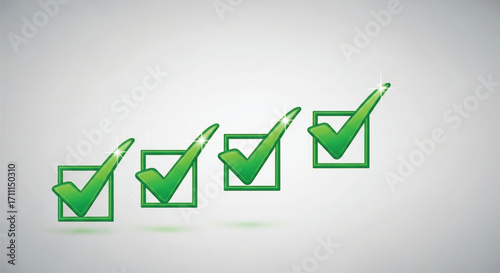 Four green checkmarks in squares against a light background symbolize completion and success.