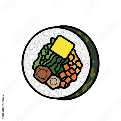 A topdown view a single sushi roll cut in half, showcasing the colorful ingredients like rice, seaweed, vegetables, and egg, isolated on a transparent background