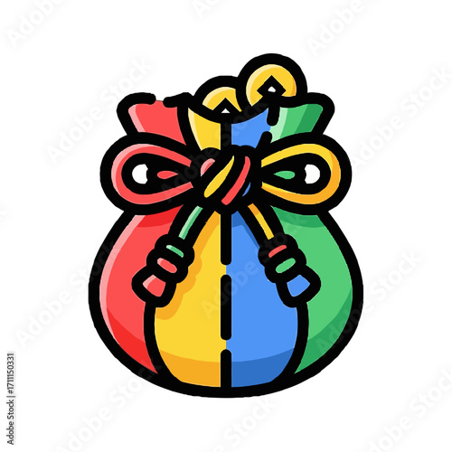 Colorful lucky bag with coins, tied with a ribbon